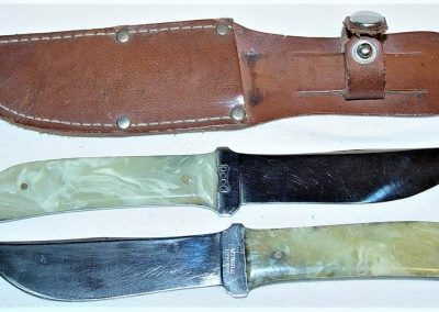 "Top: Queen City, outers, waterfall handles, no etch QCCC tang stamp, 4” blade, $145-$160. Bottom: Queen City, outers, waterfall handles, no etch, block Queen City tang stamp, 4” blade"