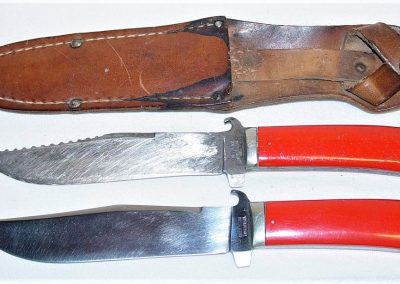 "Queen City, camp knife, red celluloid handles, no etch, block Queen City tang stamp, 5” blade"