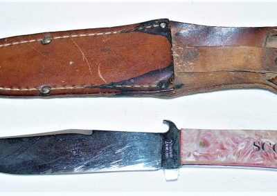 "Queen City, camp knife, red and white handles w/Scout on handle, no etch, block Queen City tang stamp, 5” blade"