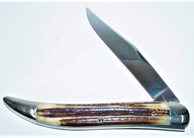 "#20, Queen, Texas toothpick, 1 blade, Winterbottom bone handles, brass liners, NS bolsters, no etch, Q STAINLESS tang stamp, 5”"