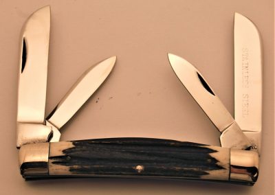 "#32, Queen, large congress, 4 blade, Winterbottom bone handles, brass liners, NS bolsters, Queen Stainless etch, Q STEEL tang stamp, 4”"