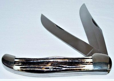 "#39, Queen, folding hunter, 2 blade, Winterbottom bone handles, brass liners, NS bolster, Queen Steel etch, Q STAINLESS tang stamp w/second blade stamped Q STAINLESS, 5-1/4”"