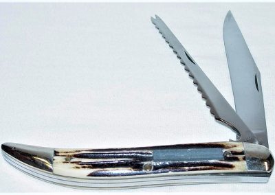 "#46, Queen, fish knife, 2 blade, Winterbottom bone handles w/rectangular sharpening stone, brass liners, NS bolster, no etch, Q STAINLESS tang stamp, secondary blade magnetic hook disgorger & scaler w/"STAINLESS" tang stamp, 5”"
