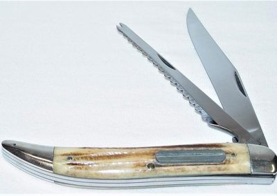 "#46, Queen, fish knife, 2 blade, Winterbottom bone handles w/flat oval sharpening stone, brass liners, NS bolster, no etch, QUEEN STEEL tang stamp, secondary blade magnetic hook disgorger & scaler w/”STAINLESS" tang stamp, 5”"