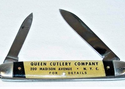 "#50, Queen, salesman sample, 2 blade, celluloid handles, brass liners, NS bolsters, no etch, no tang stamp, 3-1/2”"