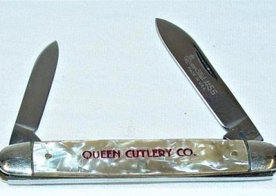 "#55, Queen, sleeveboard pen, 2 blade, cracked Ice handles, w/Queen Cutlery Co on handle, brass liners, NS bolsters, Queen Steel #55 MADE IN U.S.A. etch, QUEEN tang stamp, 3-5/16”"