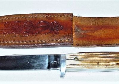 "#73, Queen, hunting knife, brown Winterbottom bone handles, no etch, Q STAINLESS tang stamp, 4”"
