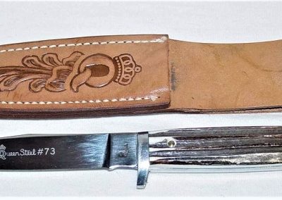 "#73, Queen, hunting knife, Winterbottom bone handles, Queen Steel #73 etch, QUEEN tang stamp, 4”"
