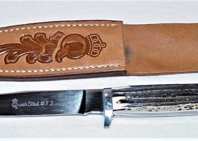 "#73, Queen, hunting knife, Winterbottom bone handles, Queen Steel #73 etch, no tang stamp, 4”"