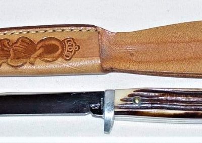 "#74, Queen, hunting knife, brown Winterbottom bone handles, no etch, Q STAINLESS tang stamp, 3-3/4”"