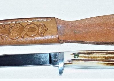 "#74, Queen, hunting knife, brown Winterbottom bone handles, no etch, Q STEEL tang stamp, 3-3/4”"