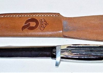 "#82, Queen, hunting knife, Winterbottom bone handles, no etch, big Q tang stamp w/STAINLESS on back, 4-1/4”"
