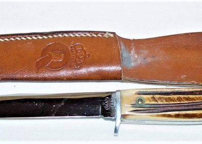 "#82, Queen, hunting knife, Winterbottom bone handles, no etch, crown over QUEEN tang stamp, 4-1/4”"