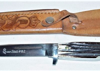 "#82, Queen, hunting knife, Winterbottom bone handles, script Queen Steel #82 etch, no tang stamp, 4-1/4”"