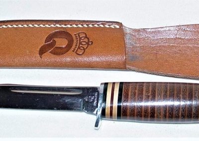 "#84, Queen, hunting knife, stacked leather handles, no etch, Q STAINLESS tang stamp, 4-1/4”"