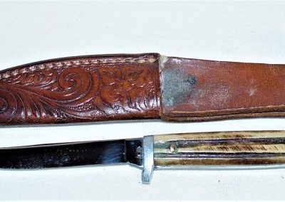 "#85, Queen, hunting knife, Winterbottom bone handles, no etch, Q tang stamp w/STAINLESS on back, 3”"
