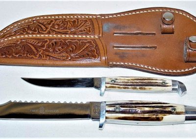 "#88, Queen, twin set, brown Winterbottom bone handles, FINEST Q STAINLESS etch, Big Q tang stamp on 4 1/2" blade, FINEST Q STAINLESS etch, big Q tang stamp w/STAINLESS on back of 3” blade"