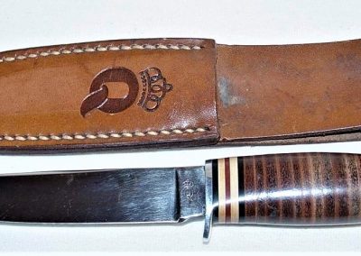 "#90, Queen, hunting knife, stacked leather handles, no etch, Q tang stamp w/ STAINLESS on back, 4” blade"