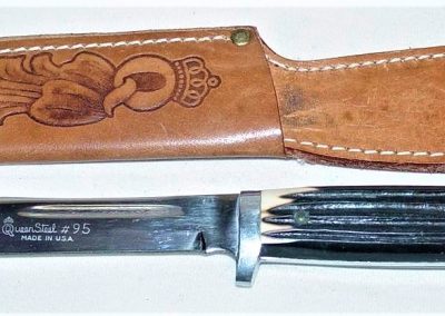 "#95, Queen, hunting knife, imitation Winterbottom bone handles, script Queen Steel #95 Made in U.S.A. etch, no tang stamp, 5” blade"