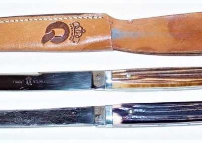 Top: #96, Queen, fillet knife, Winterbottom bone handles, FINEST Q STAINLESS etch, Q tang stamp, 4-1/2” blade, Bottom: #96, Queen, fillet knife, burnt orange imitation Winterbottom bone handles, script Queen Steel etch, Q STEEL tang stamp, 4-1/2” blade