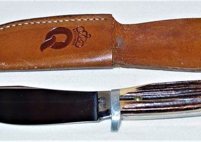 "#98, Queen, hunting knife, brown Winterbottom bone handles, no etch, Q tang stamp w/STAINLESS on back, 4” blade"