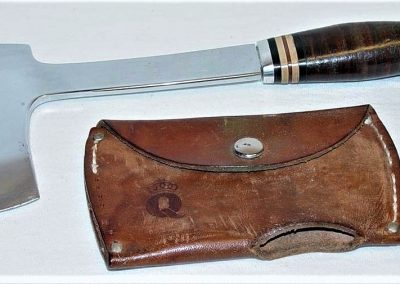 "#SBA80, Queen, archers axe, stacked leather handle, no etch, Q tang stamp"