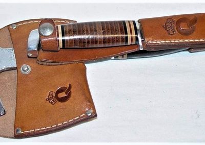 "#KA80, Queen, knife-axe combination, stacked leather handle, no etch, Q tang stamp"