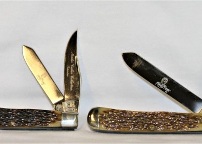 "#1490, Queen, Master cutler trapper set, 3000 manufactured in 1978 Rogers green bone handles, 1st edition master cutler"