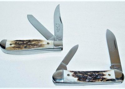 "Limited Edition, 2 blade, stag handles, brass liners, NS bolsters, Limited Edition 1980 etch, Q80 tang stamp, 6”. One canoe & mini trapper. knives are serial numbered."