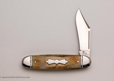 "Queen Dan Burke Rancher cigar jack 1-blade, India stag handles, brass liners, NS coined bolsters, no etch, long tail Q DB stamp, 4 1/8”"