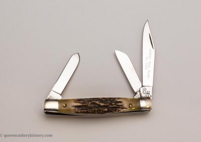 "#8475, Queen stockman 3-blade, sambar stag handles, brass liners, NS bolsters, “Limited Stag Series #8475” etch, long tail Q 82 stamp, 5 1/4”"