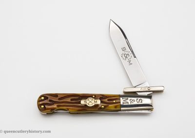 "Schatt & Morgan File & Wire Series IV-2, 1-blade, Pennsylvania mountain moss bone handles with shield, brass liners, NS coined signature bolsters, blade etch, 4 1/2""
