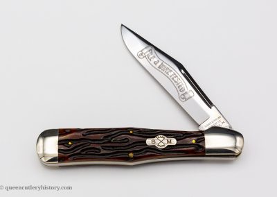 "Schatt & Morgan File & Wire Series I-1, #041883, 1-blade, jigged burnt red bone handles with shield, brass liners, NS bolsters, blade etch, 5 1/4""