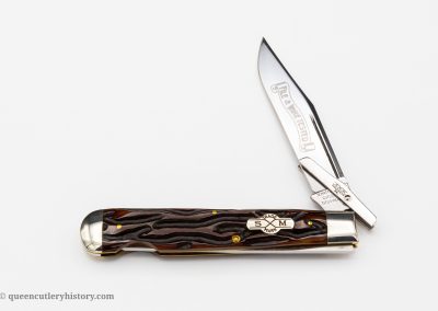 "Schatt & Morgan File & Wire Series I-2, #04111L, 1-blade, jigged burnt red bone handles with shield, swing guard, brass liners, NS bolsters, blade etch, 5 1/4""