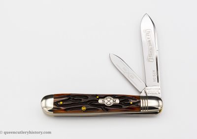 "Schatt & Morgan File & Wire Series I-3, #042229, 2-blade, jigged burnt red bone handles with shield, brass liners, NS coined bolsters, blade etch, 4 1/2""