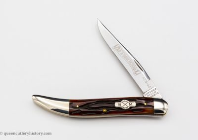 "Schatt & Morgan File & Wire Series I-5, #041120, 1-blade, jigged burnt red bone handles with shield, brass liners, NS bolsters, blade etch, 5""