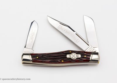 "Schatt & Morgan File & Wire Series II-1, #043150, 3-blade, red worm groove bone handles with shield, brass liners, NS coined bolsters, blade etch, 4 1/4""
