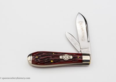 "Schatt & Morgan File & Wire Series II-2, #042206, 2-blade, red worm groove bone handles with shield, brass liners, NS bolsters, blade etch, 3 13/16""