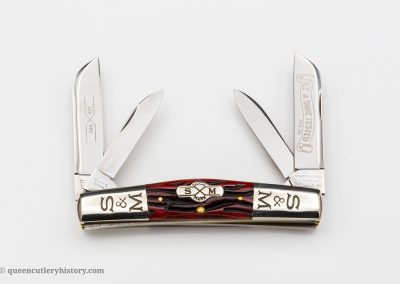 "Schatt & Morgan File & Wire Series II-3, #044431, 4-blade, red worm groove bone handles with shield, brass liners, NS coined signature bolsters, blade etch, 4""