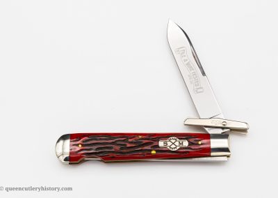 "Schatt & Morgan File & Wire Series II-4, #042121L, 1-blade, red worm groove bone handles with shield, swing guard, brass liners, NS bolsters, blade etch, 4 1/2""