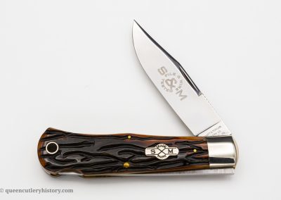 "Schatt & Morgan File & Wire Series III-1, 1-blade, goldenroot worm groove bone handles with shield, brass liners, NS bolsters, blade etch, 4 1/2""