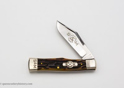 "Schatt & Morgan File & Wire Series III-3, 1-blade, goldenroot worm groove bone handles with shield, brass liners, NS coined signature bolsters, blade etch, 3 1/2""