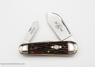 "Schatt & Morgan File & Wire Series III-4, 2-blade, goldenroot worm groove bone handles with shield, brass liners, NS coined bolsters, blade etch, 4 1/2""