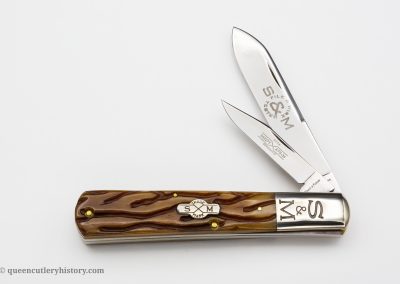 "Schatt & Morgan File & Wire Series IV-4, 2-blade, Pennsylvania mountain moss bone handles with shield, brass liners, NS coined signature bolsters, blade etch, 4 7/8""