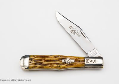 "Schatt & Morgan File & Wire Series V-4, 1-blade, morning ash worm groove bone handles with shield, brass liners, NS coined signature bolsters, blade etch, 5 1/4""