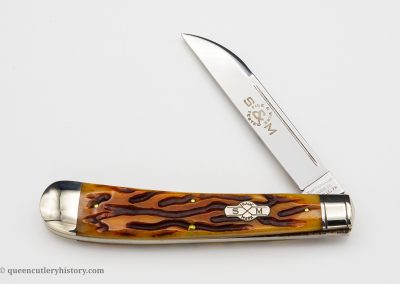 "Schatt & Morgan File & Wire Series VI-1, 1-blade, goldenroot worm groove bone handles with shield, brass liners, NS coined bolsters, blade etch, 5 3/8""