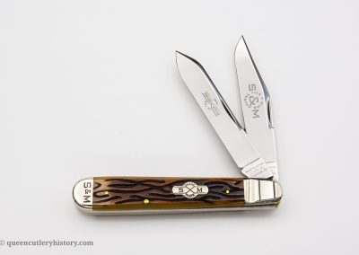 "Schatt & Morgan File & Wire Series III-2, 2-blade, goldenroot worm groove bone handles with shield, brass liners, NS coined signature bolsters, blade etch, 4 1/2""