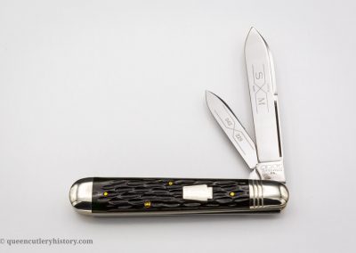 "Schatt & Morgan pocketknife Keystone Series VI, 2 blades, emerald green bone handles with keystone shield, brass liners, NS bolsters, 4 1/2", issued in 1996"