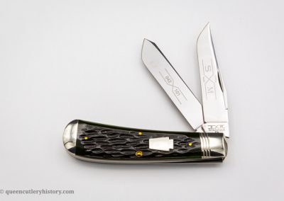 "Schatt & Morgan pocketknife Keystone Series VI, 2 blades, emerald green bone handles with keystone shield, brass liners, NS coined bolsters, 4 1/8", issued in 1996"