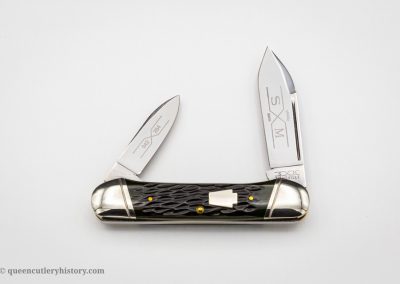 "Schatt & Morgan pocketknife Keystone Series VI, 2 blades, emerald green bone handles with keystone shield, brass liners, coined NS bolsters, 3 5/8", issued in 1996"